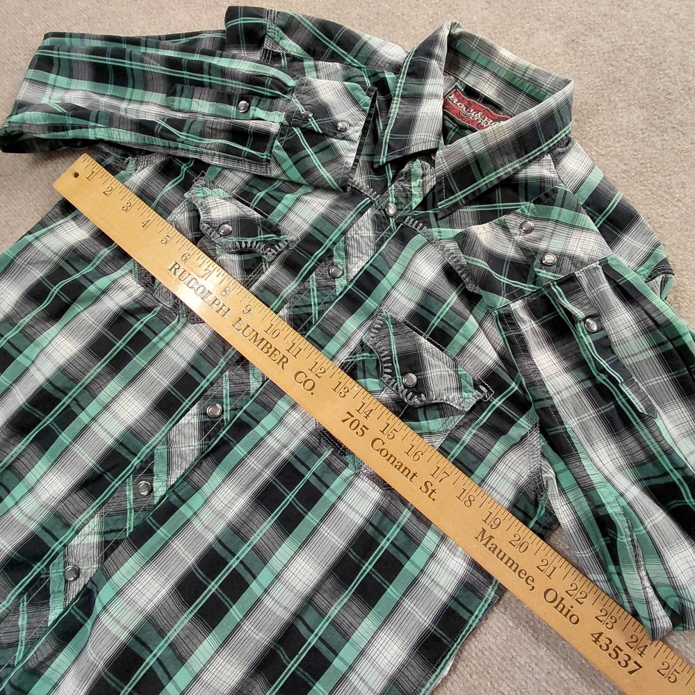 Rock & Roll Cowboy Shirt Men L Green Plaid Pearl Snap Thick Stitch Western Rodeo - Picture 12 of 16